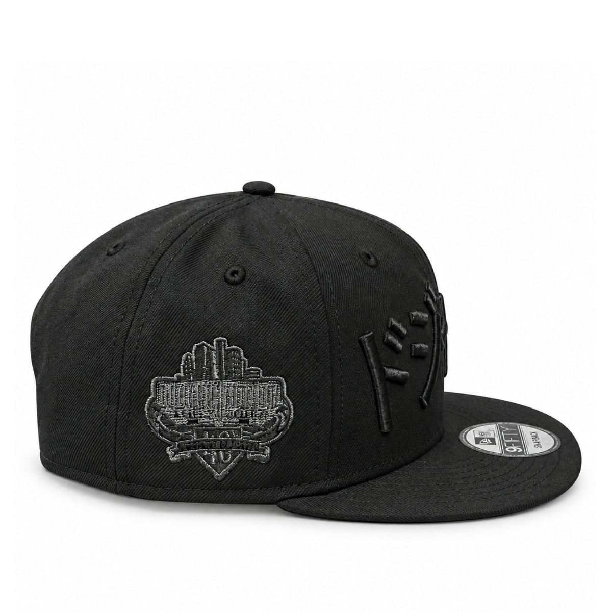 New Era Los Angeles Dodgers Japanese Black on Black 9FIFTY Snapback Hat - Pink Under Visor side view