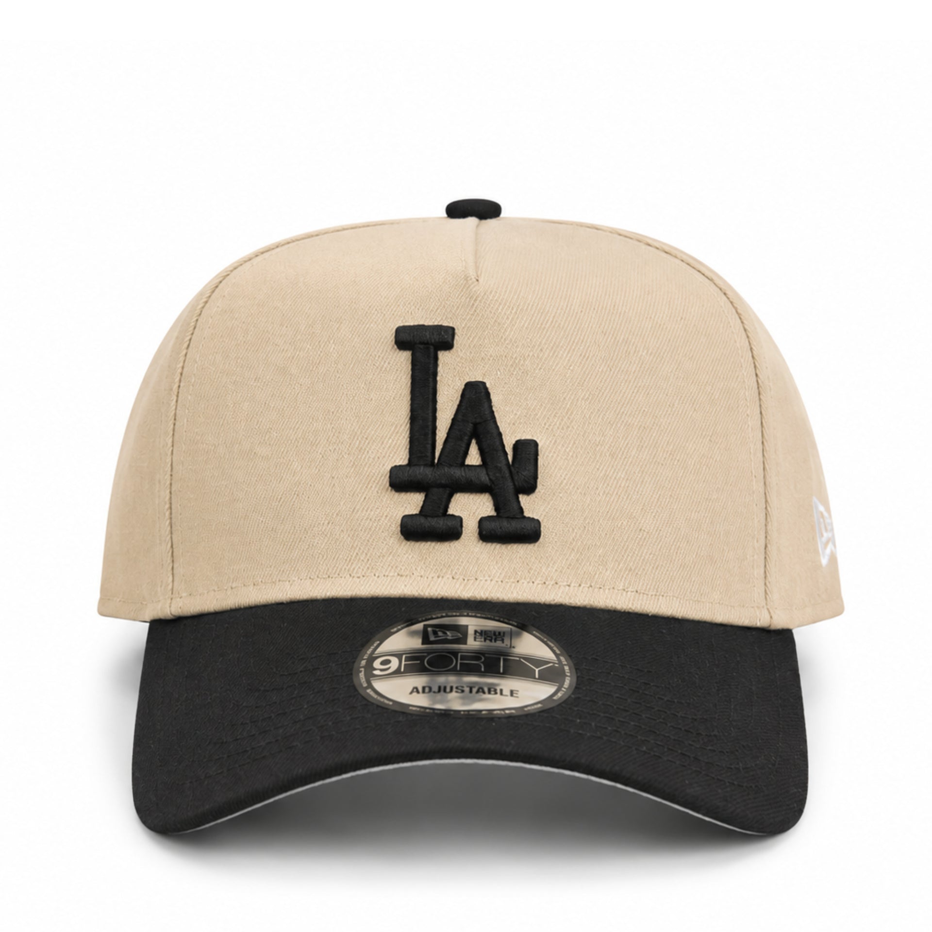 Front view of New Era Los Angeles Dodgers Khaki Black 9FORTY A-Frame Snapback Hat