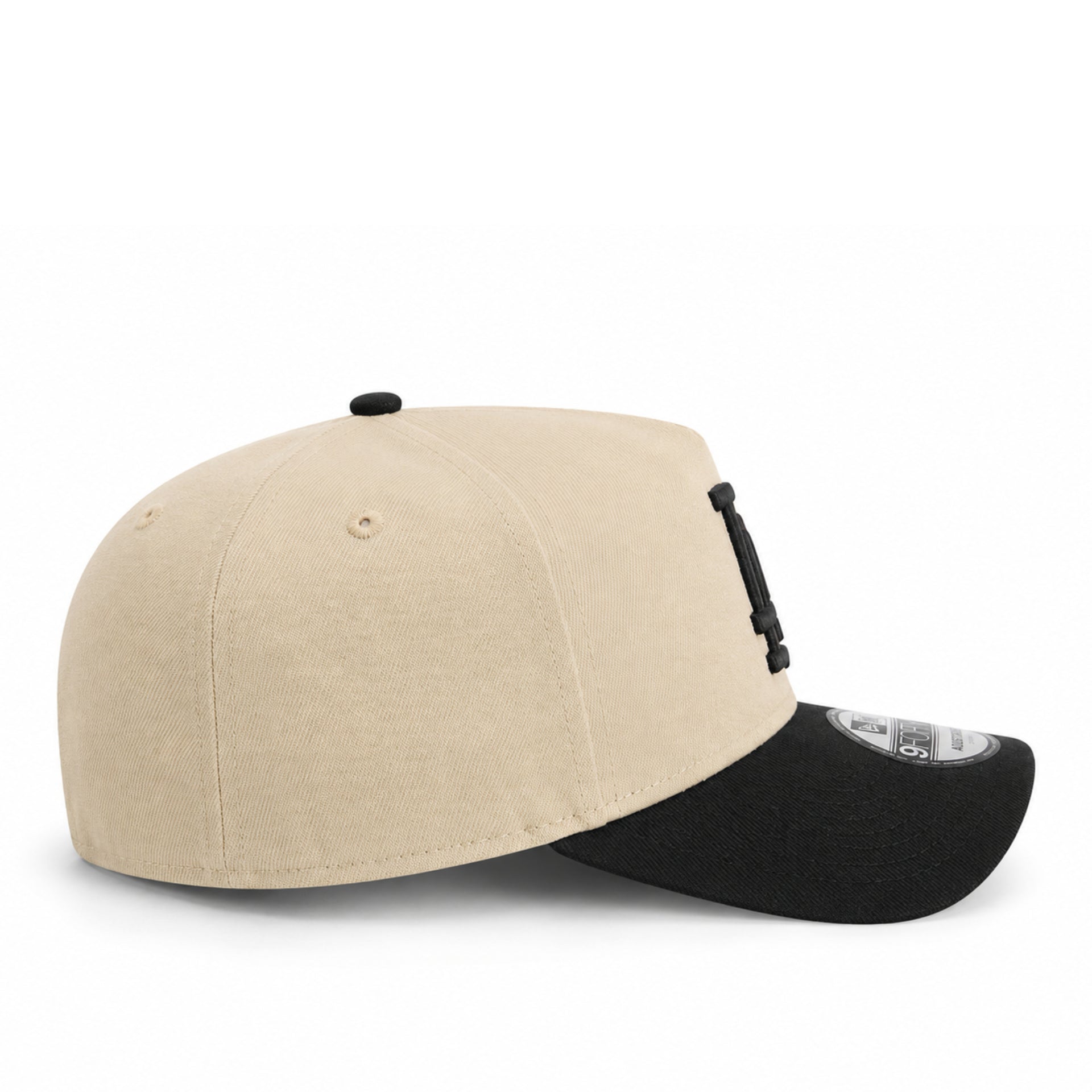Side view of New Era Los Angeles Dodgers Khaki Black 9FORTY A-Frame Snapback Hat