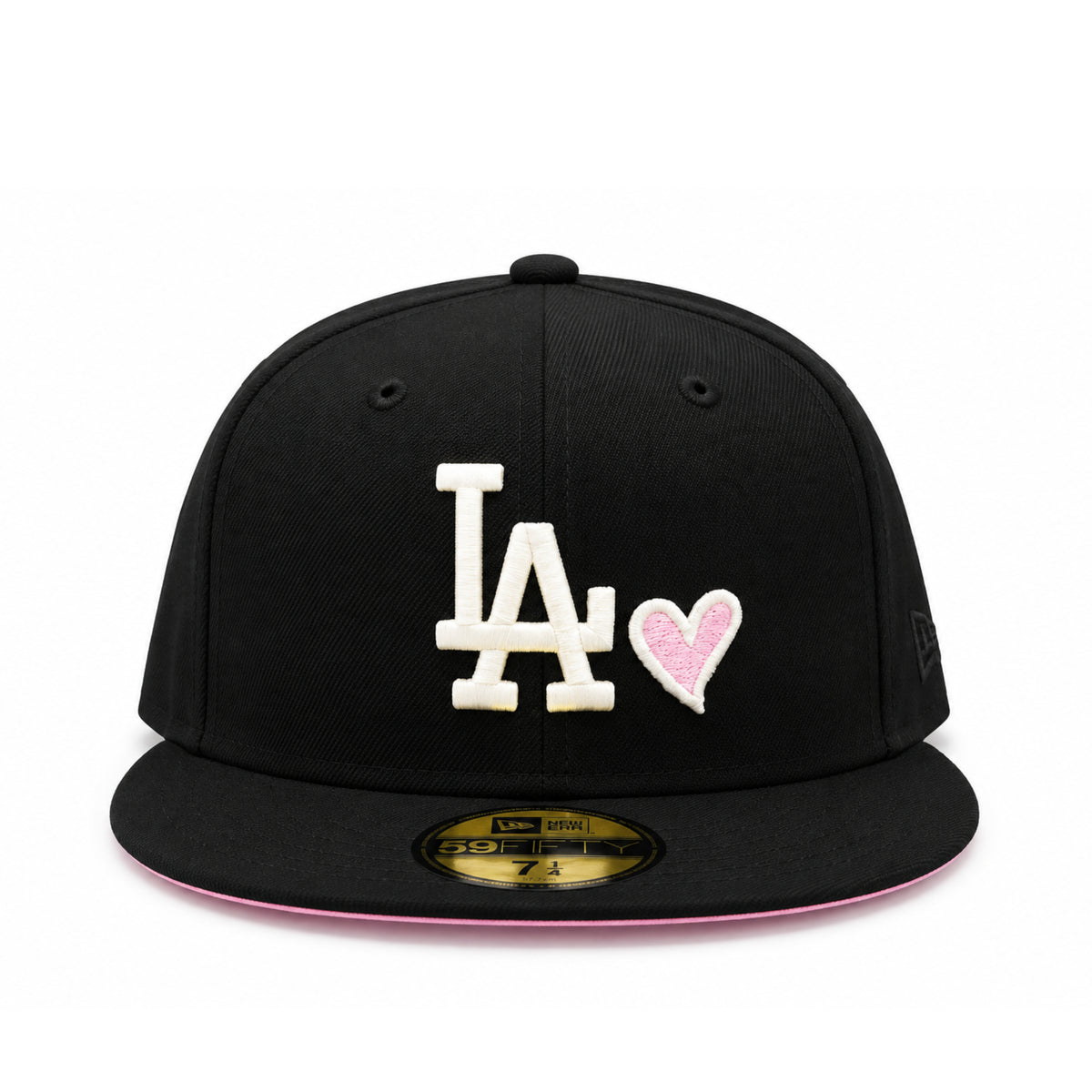 Front view of New Era Dodgers black 59FIFTY fitted hat with white LA embroidery and pink heart detail