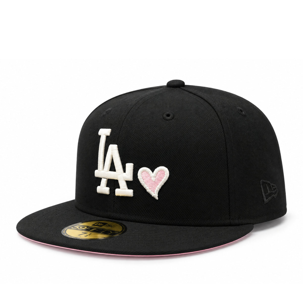 New Era Los Angeles Dodgers Pink Heart black 59FIFTY fitted hat with white LA logo, pink heart embroidery and flat brim, angled front view