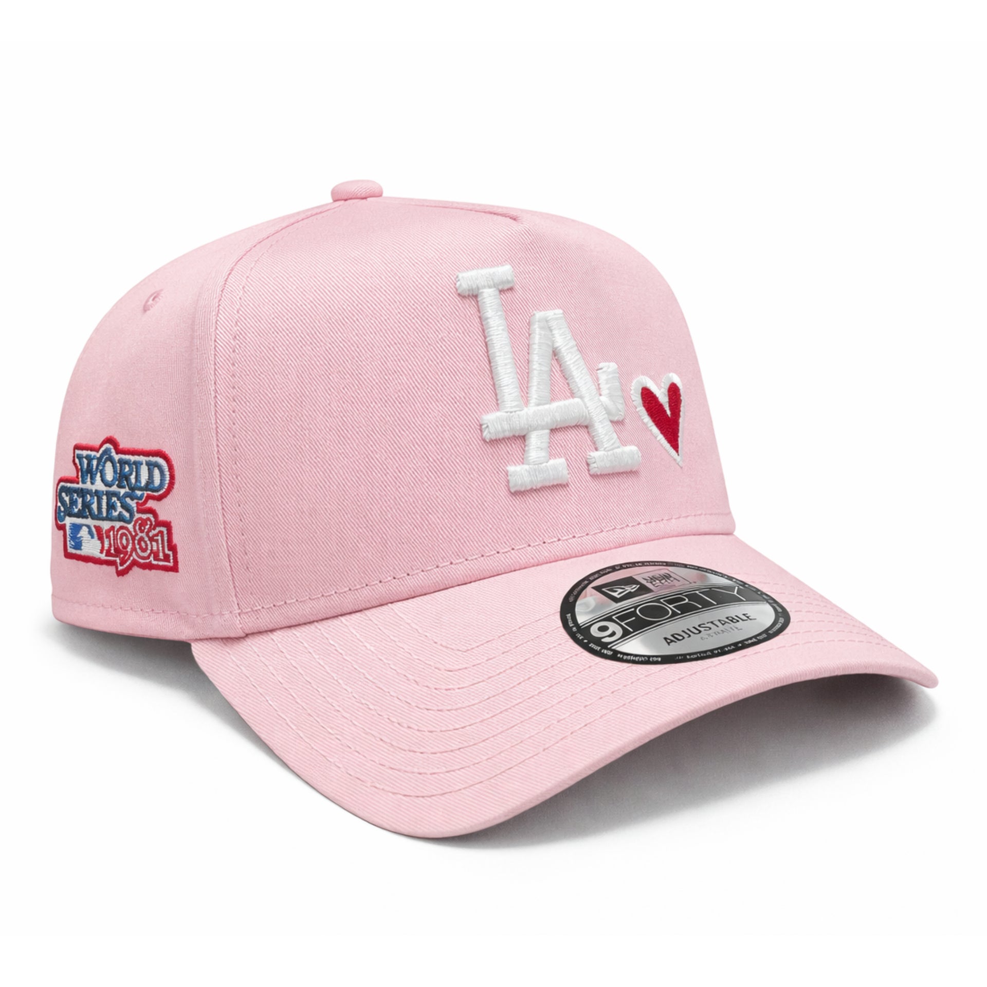 New Era Los Angeles Dodgers Pink Red Heart 9FORTY A-Frame Snapback front side view