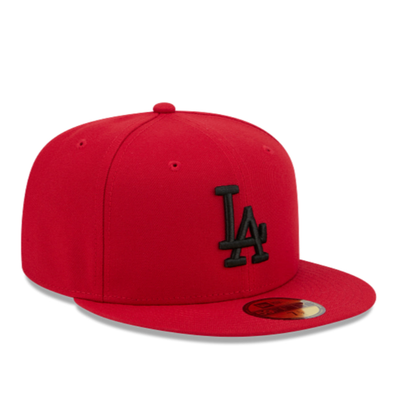New Era Los Angeles Dodgers Red Black 59FIFTY Fitted Hat front angle view
