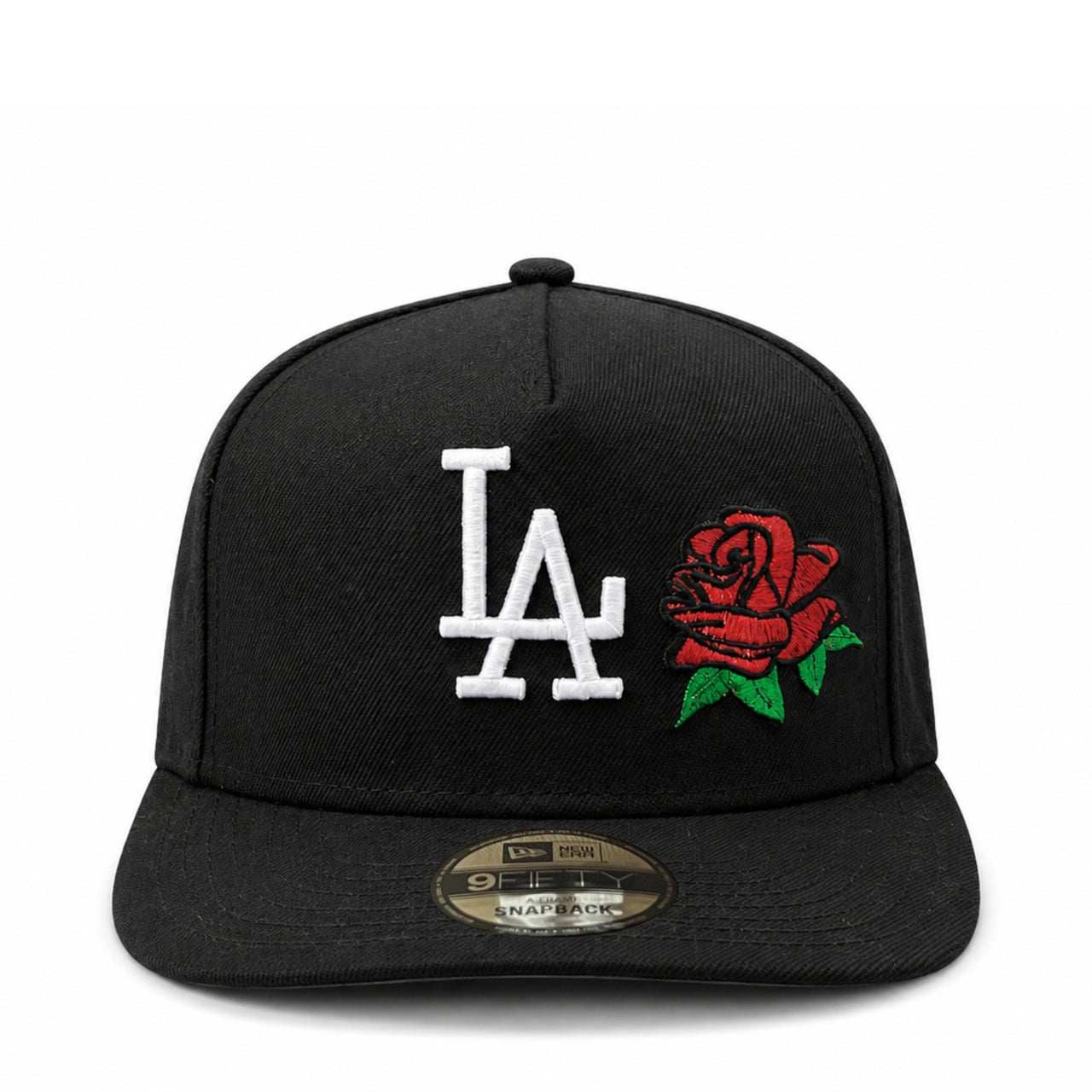 Black cap with LA Dodgers logo and rose design on a white background