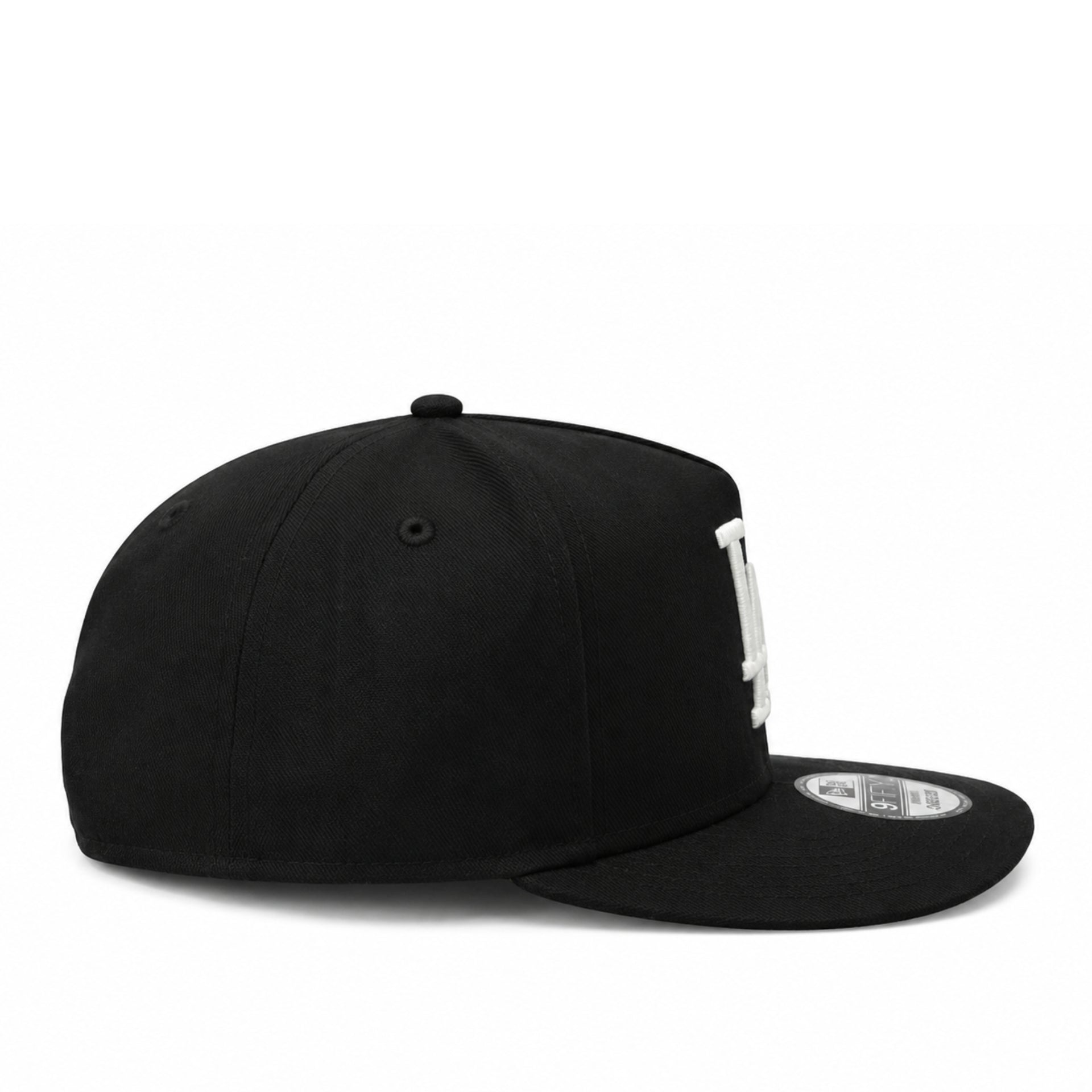 Black cap with a brand logo on the side against a white background