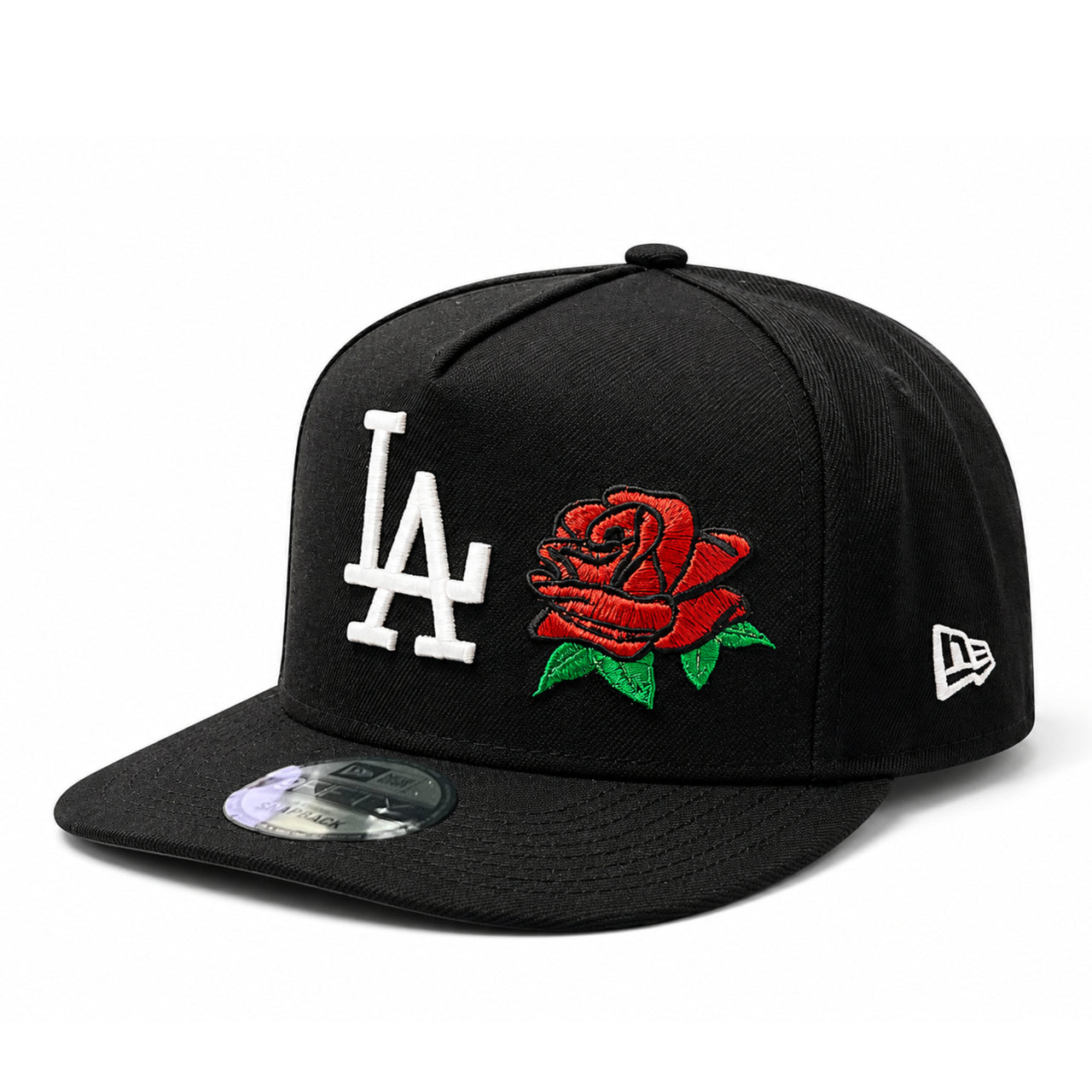 Black cap with LA logo and rose design on a white background