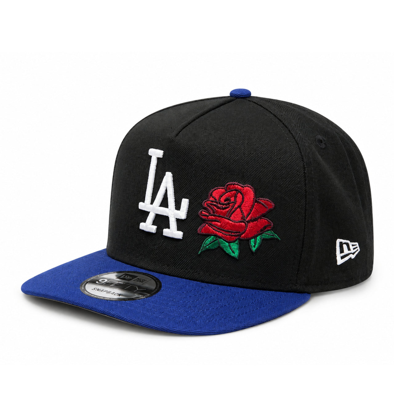 New Era Los Angeles Dodgers Rose 9FIFTY A-Frame Snapback Hat in black and royal blue with embroidered LA logo and red rose detail.