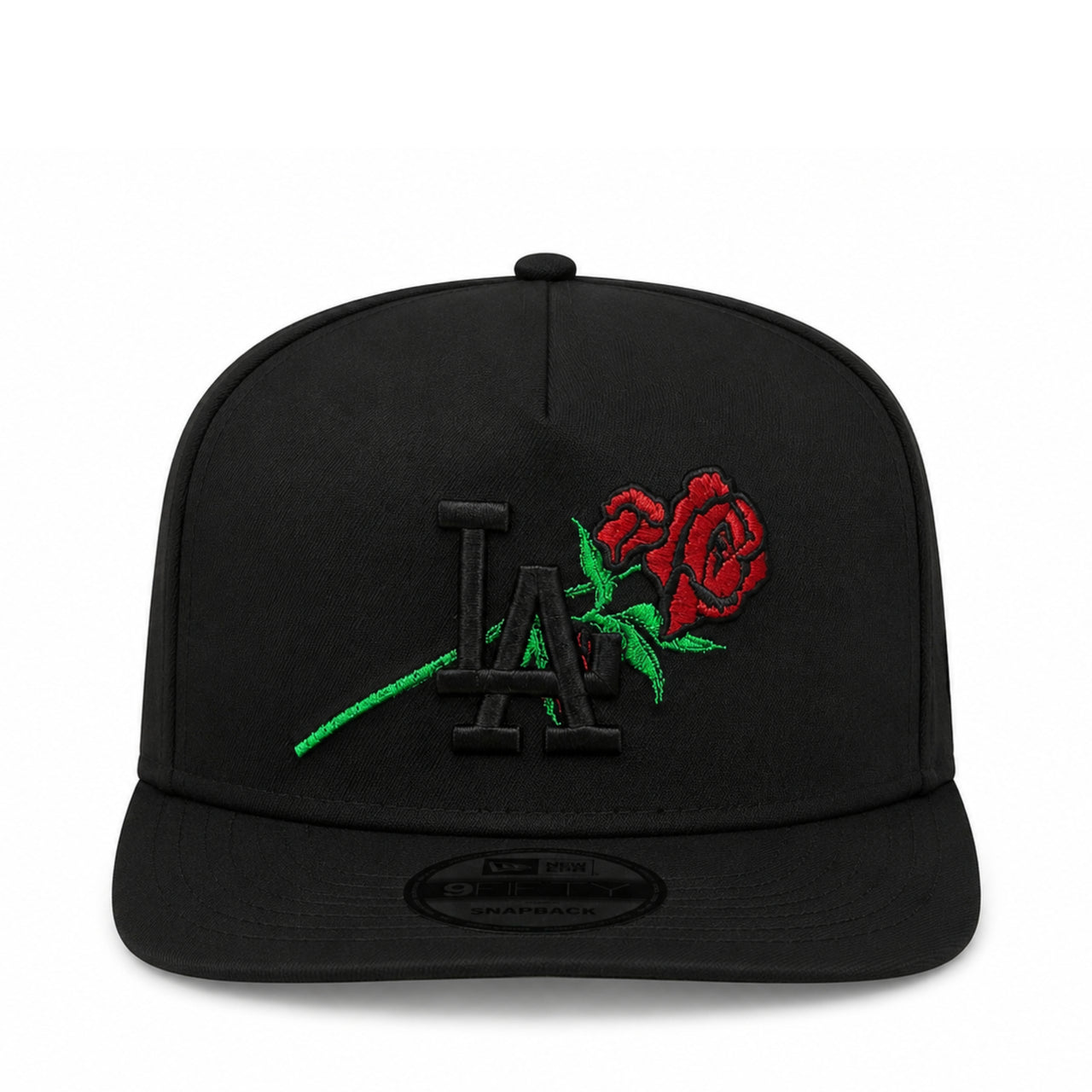 Black cap with LA logo and red rose on a white background