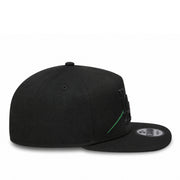 Black baseball cap with a logo on a white background
