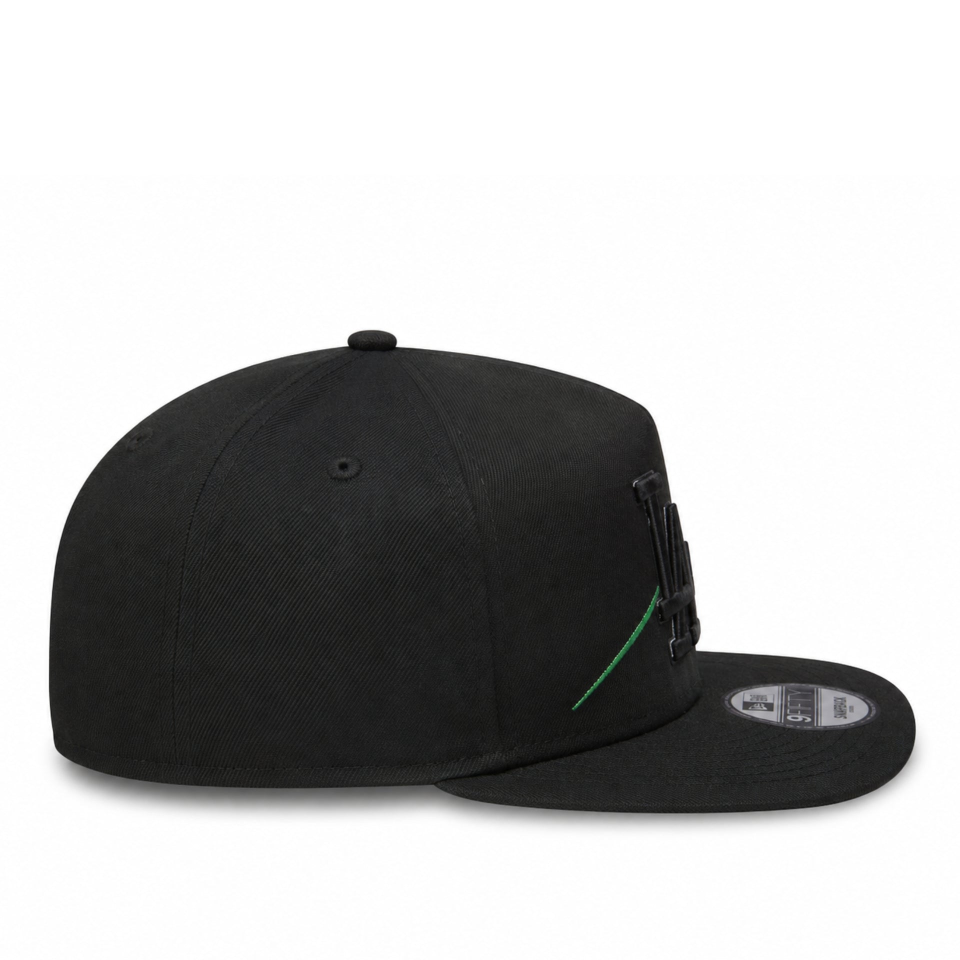 Black baseball cap with a logo on a white background