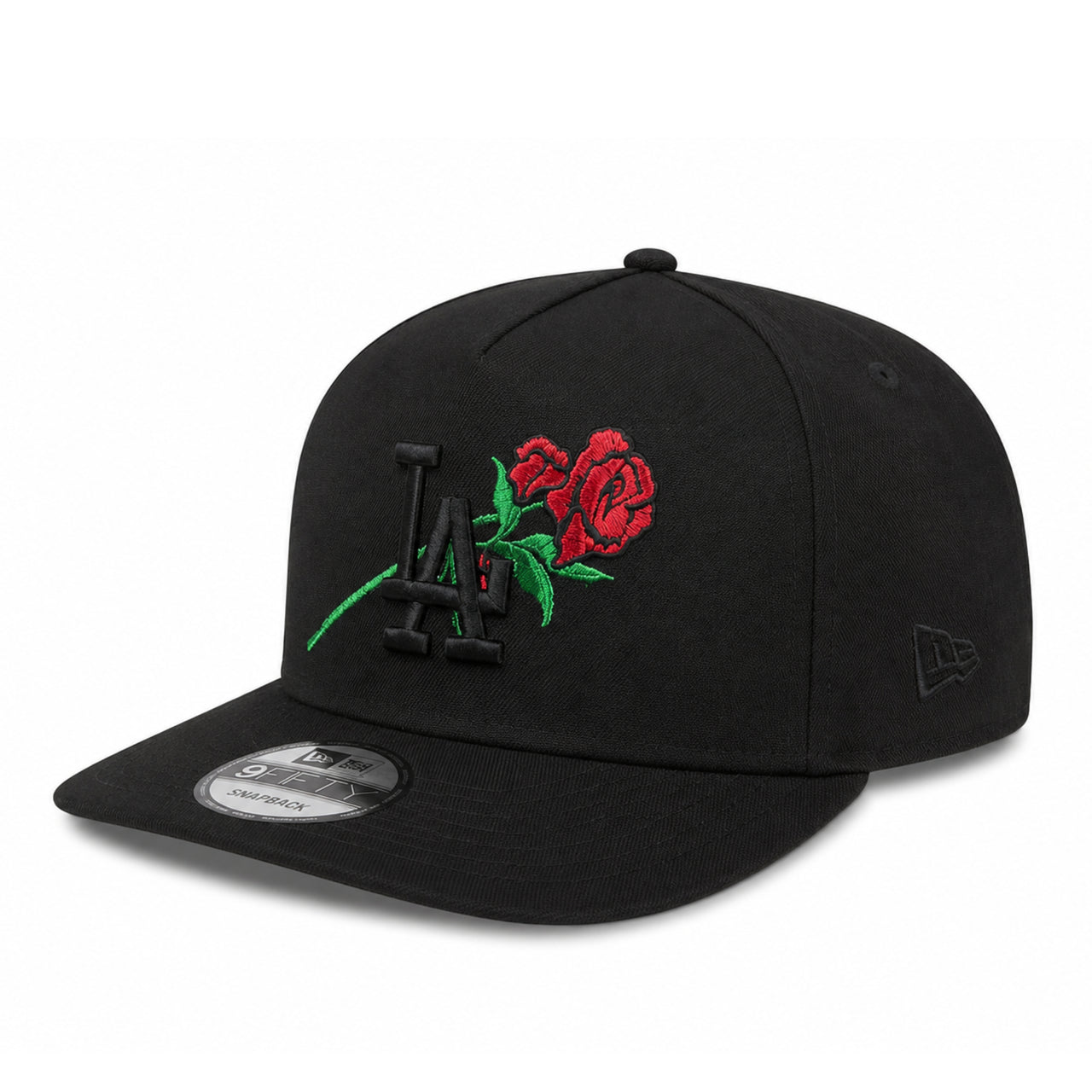 Black cap with embroidered rose and logo on a white background