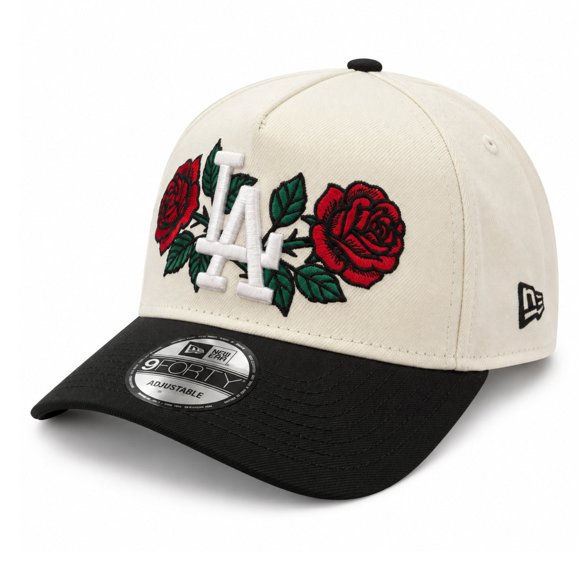 New Era Los Angeles Dodgers Rose Chrome/Black 9FORTY A-Frame Snapback front angled view