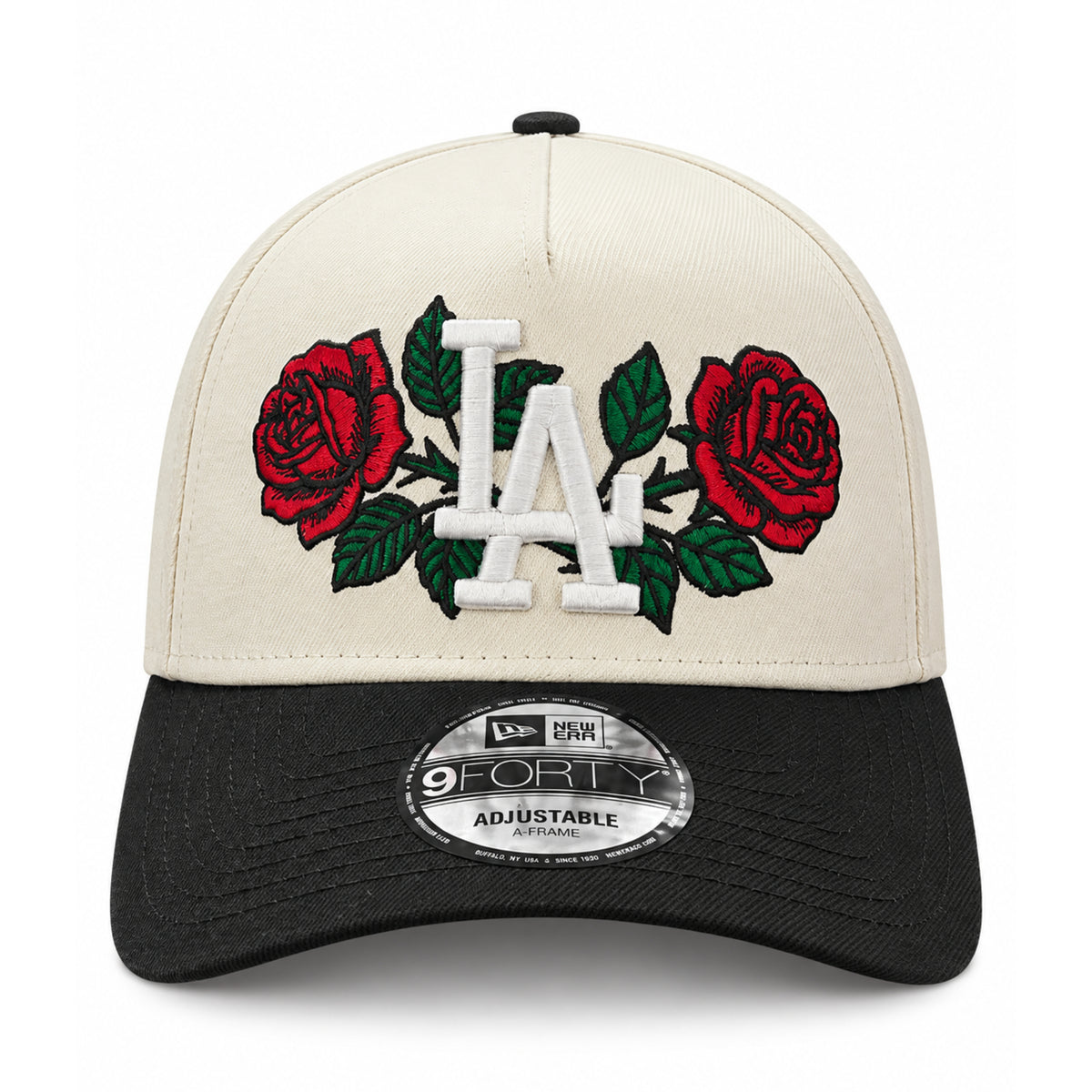 New Era Los Angeles Dodgers Rose Chrome/Black 9FORTY A-Frame Snapback front view