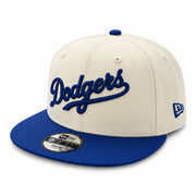 New Era Los Angeles Dodgers Script Youth Chrome/Royal 9FIFTY Snapback Hat front angled view