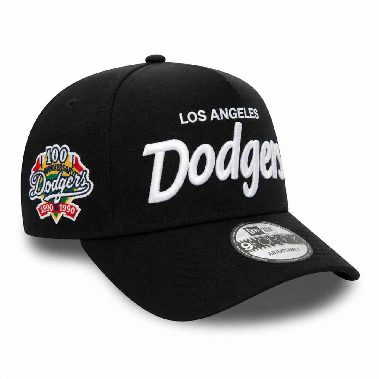 New Era Los Angeles Dodgers Script Logo 9FORTY A-Frame Snapback - Black/White front side patch view