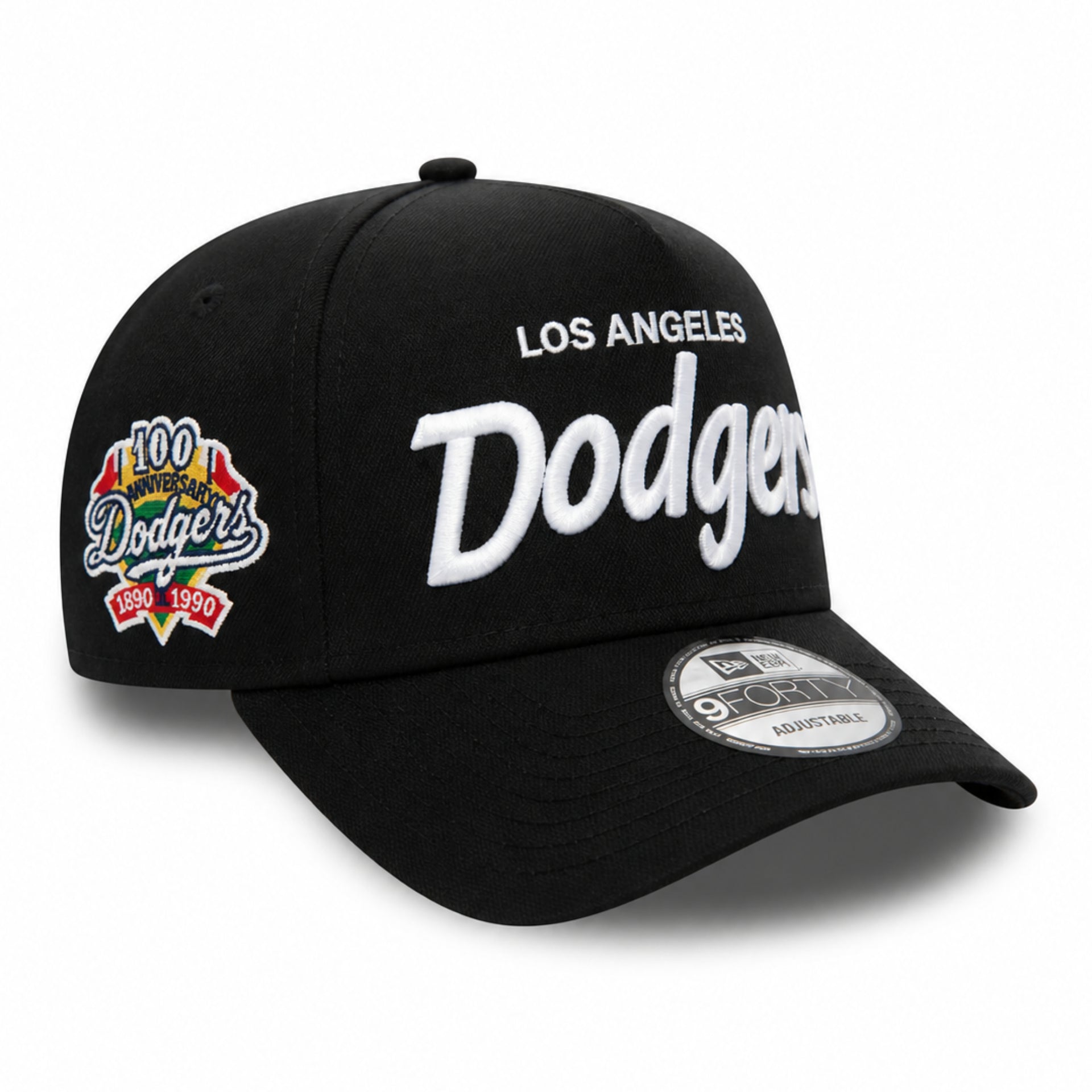 New Era Los Angeles Dodgers Script Logo 9FORTY A-Frame Snapback - Black/White front side patch view