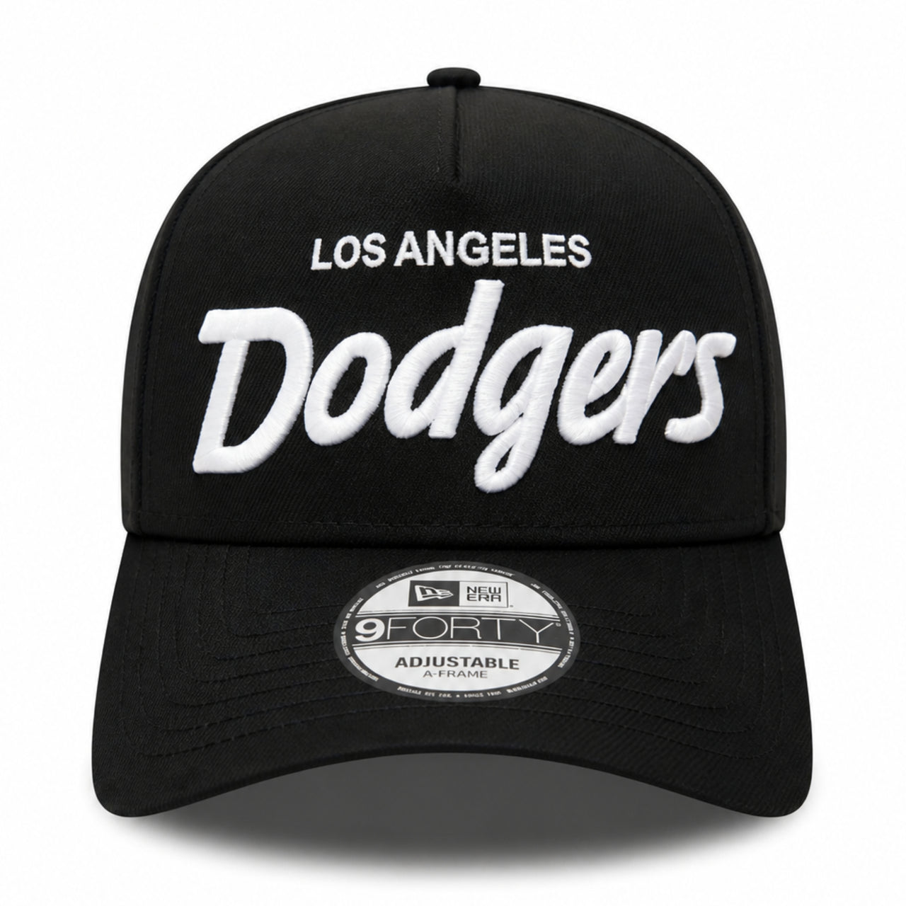 New Era Los Angeles Dodgers Script Logo 9FORTY A-Frame Snapback - Black/White front view