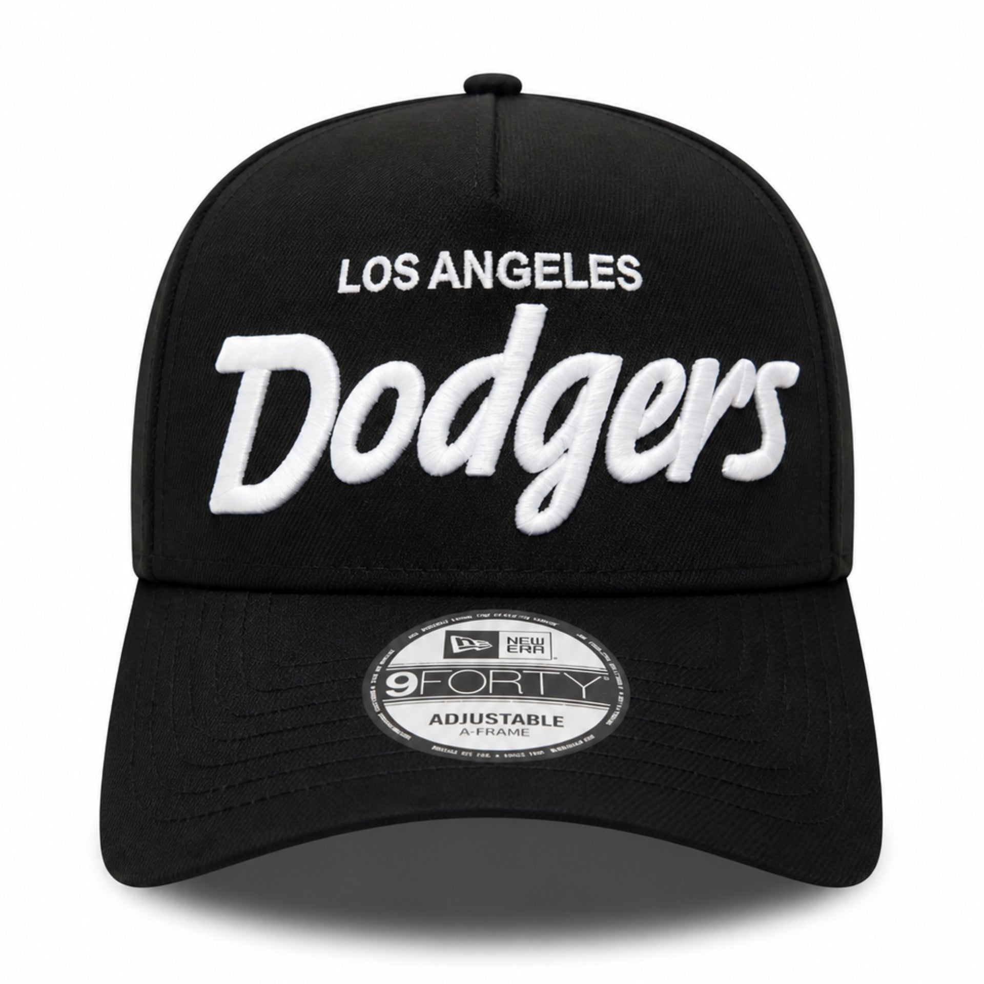New Era Los Angeles Dodgers Script Logo 9FORTY A-Frame Snapback - Black/White front view