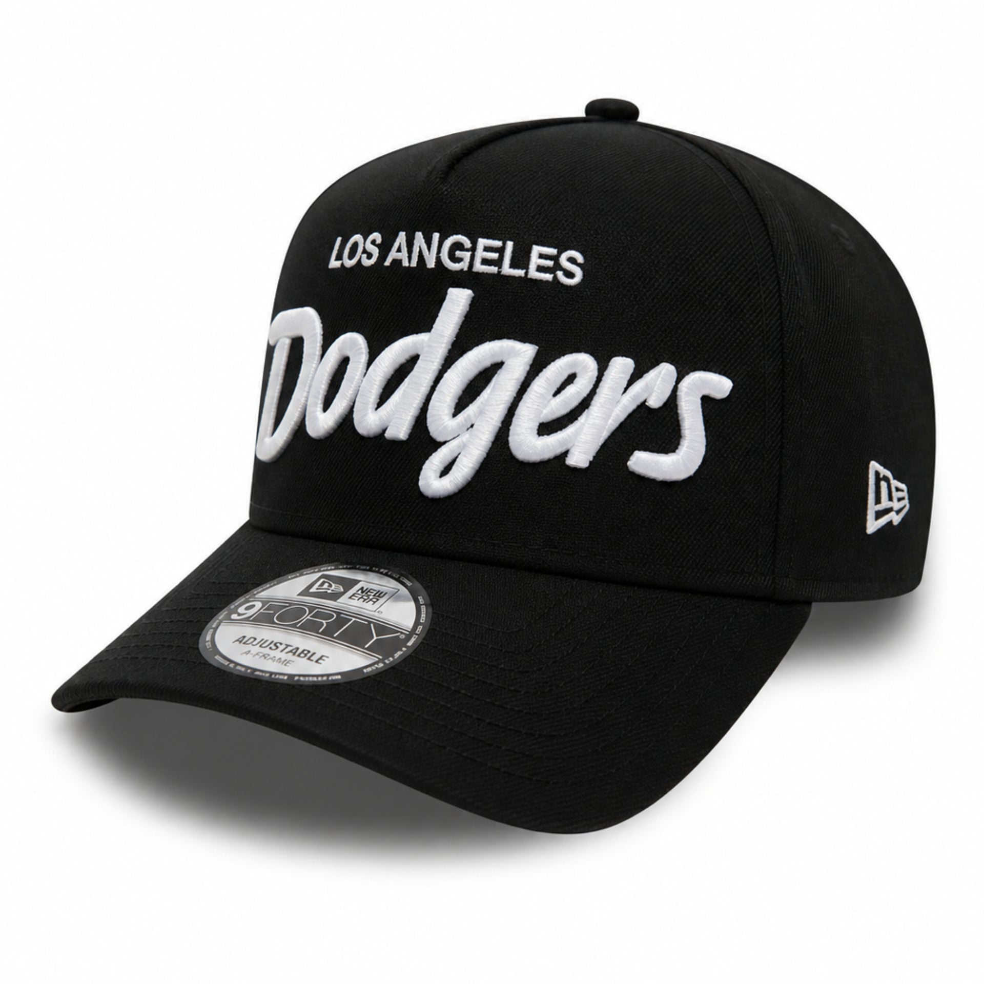 New Era Los Angeles Dodgers Script Logo 9FORTY A-Frame Snapback - Black/White front logo view