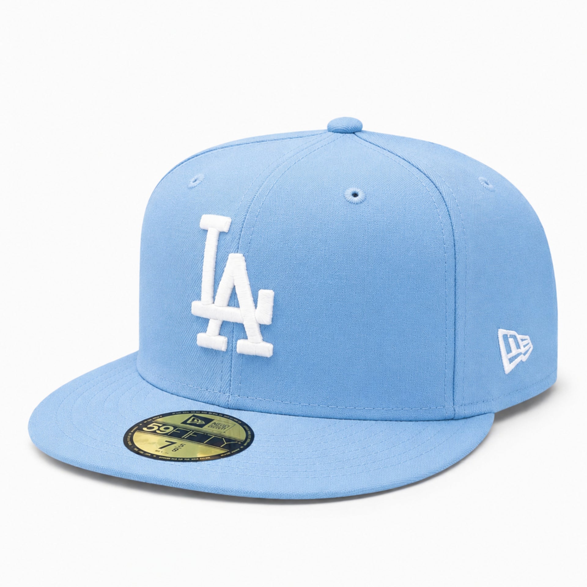 Light blue baseball cap with white la dodgers logo on a white background