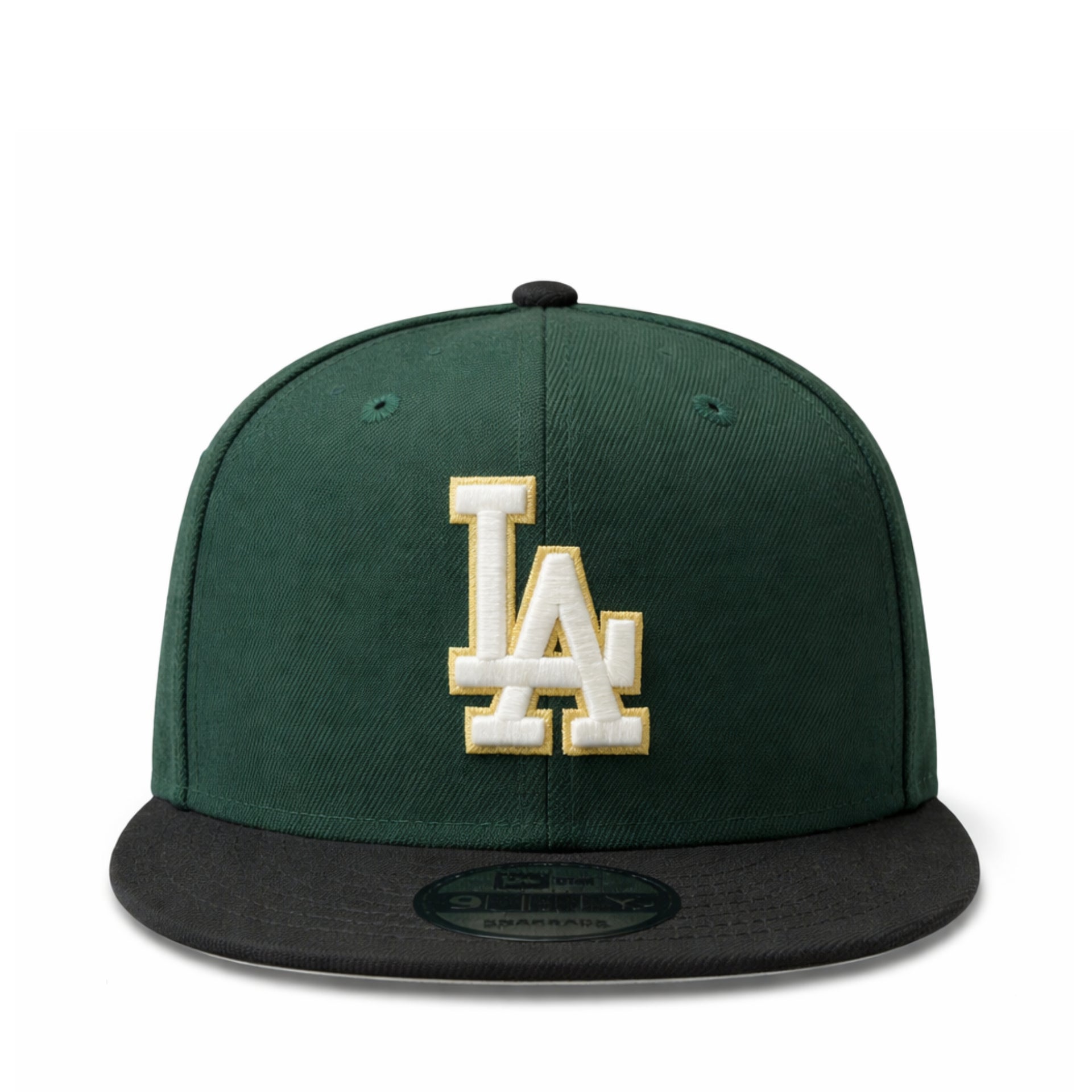 Green and black baseball cap with 'LA' logo on a white background