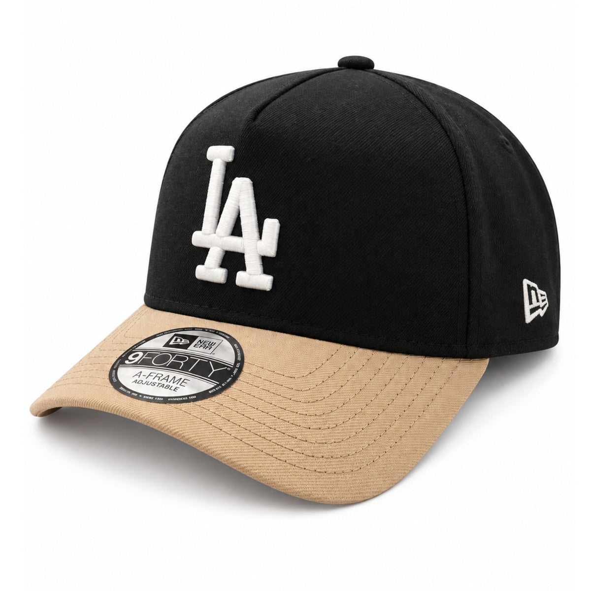 New Era Los Angeles Dodgers Stadium Black/Khaki 9FORTY A-Frame Snapback front left angled view