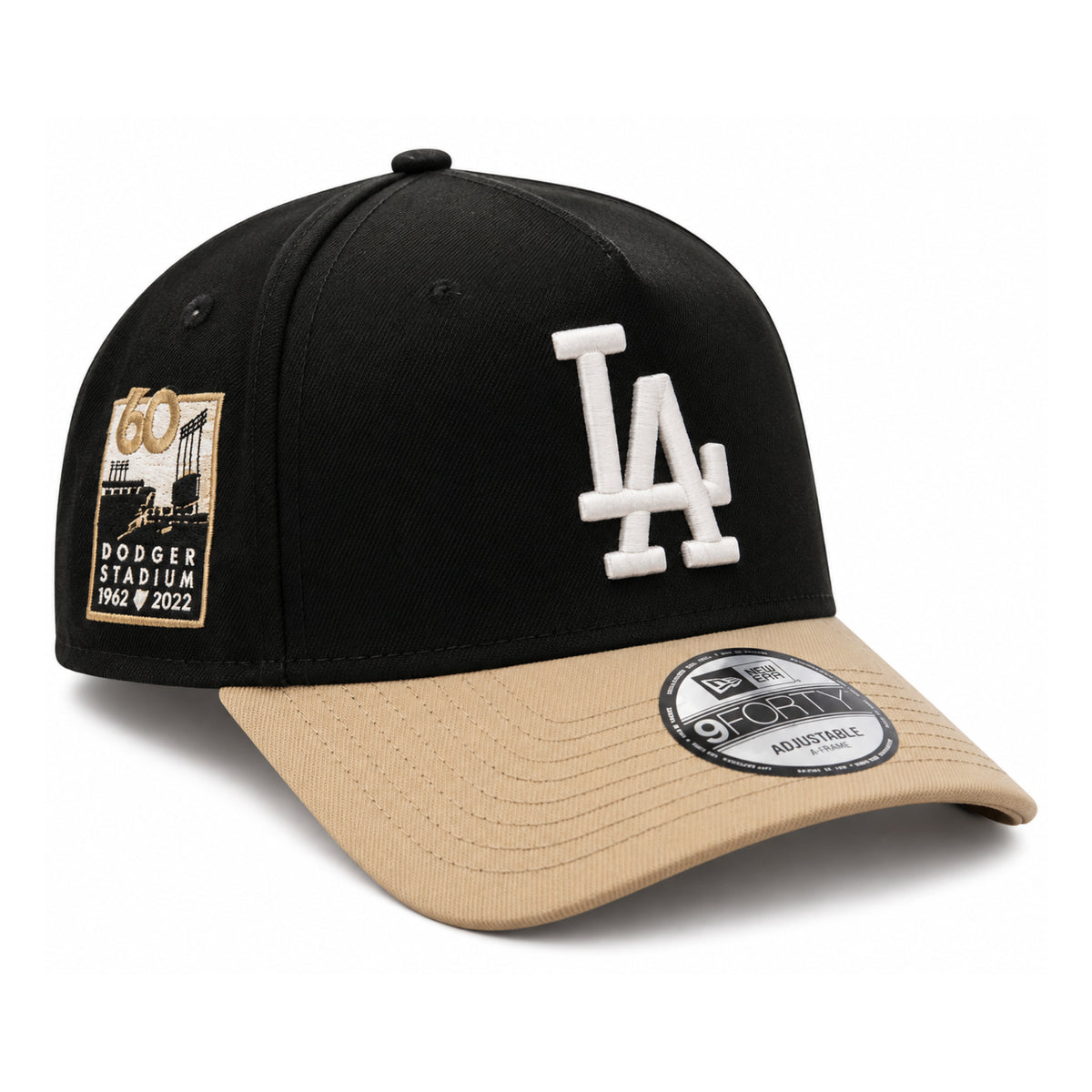New Era Los Angeles Dodgers Stadium Black/Khaki 9FORTY A-Frame Snapback front right angled view