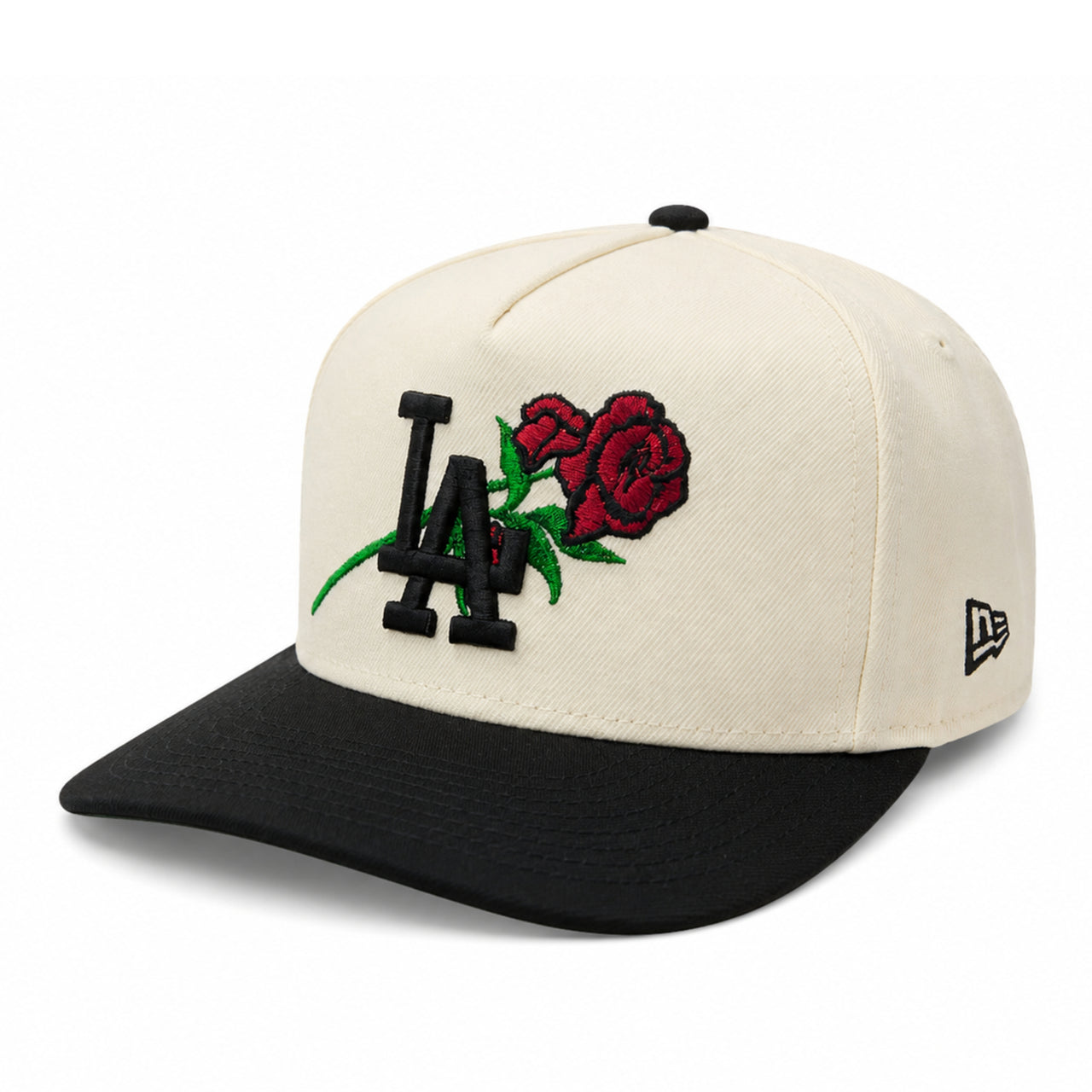 New Era Los Angeles Dodgers Stem Rose 9FIFTY A-Frame snapback hat in chrome black with embroidered rose logo and gray undervisor