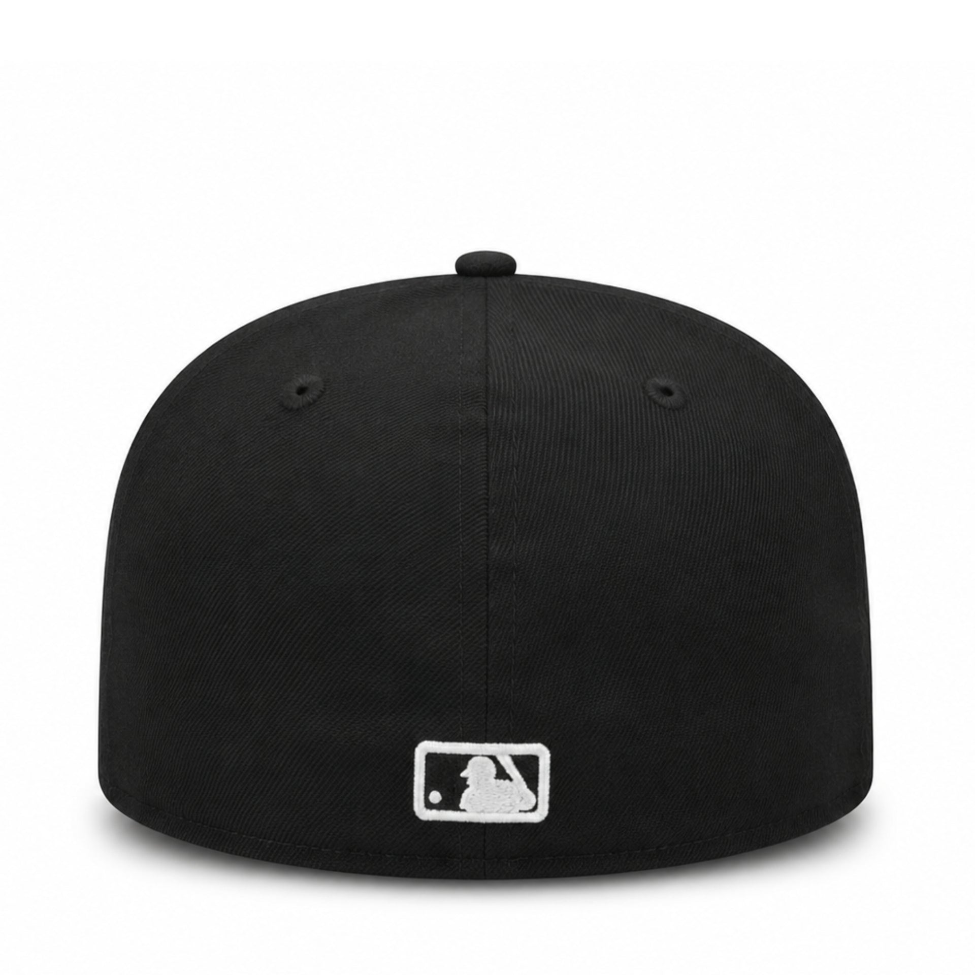 Black baseball cap with a logo on the back against a white background