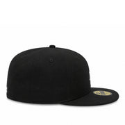 Black baseball cap with a logo on a white background