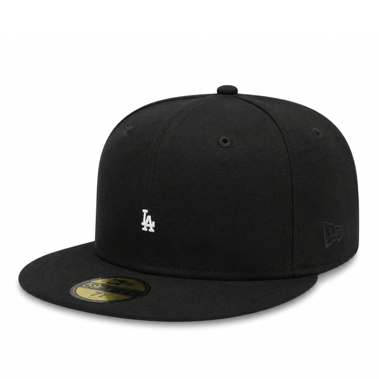 Black baseball cap with very small 'LA' logo on a white background