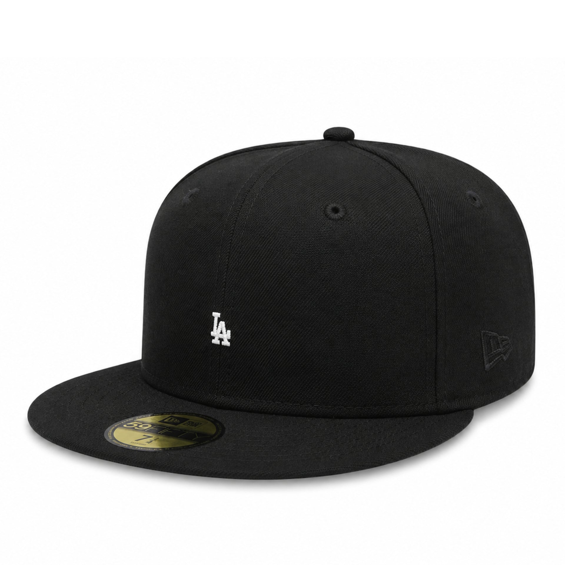 Black baseball cap with very small 'LA' logo on a white background