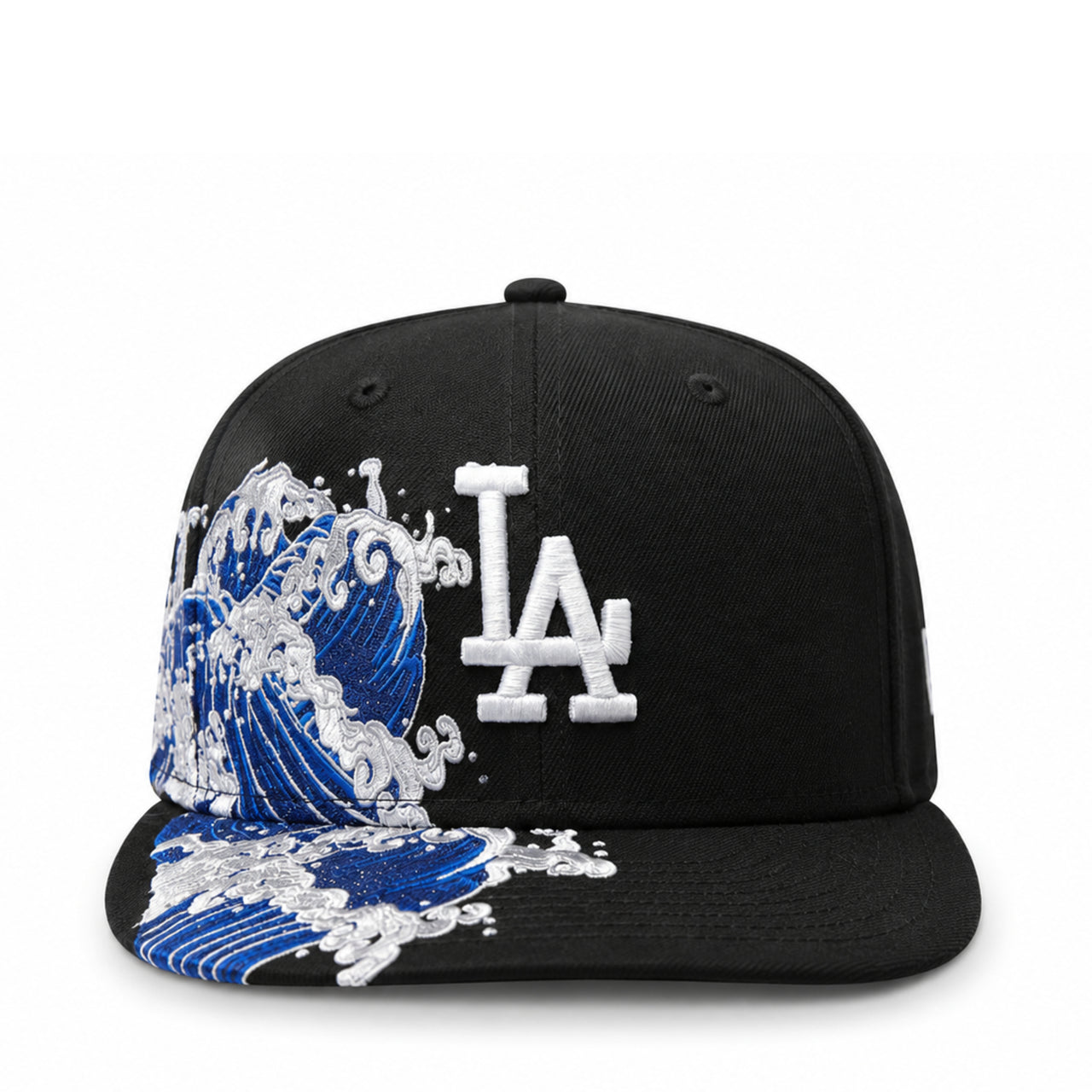 Black cap with blue wave design and white logo on a white background