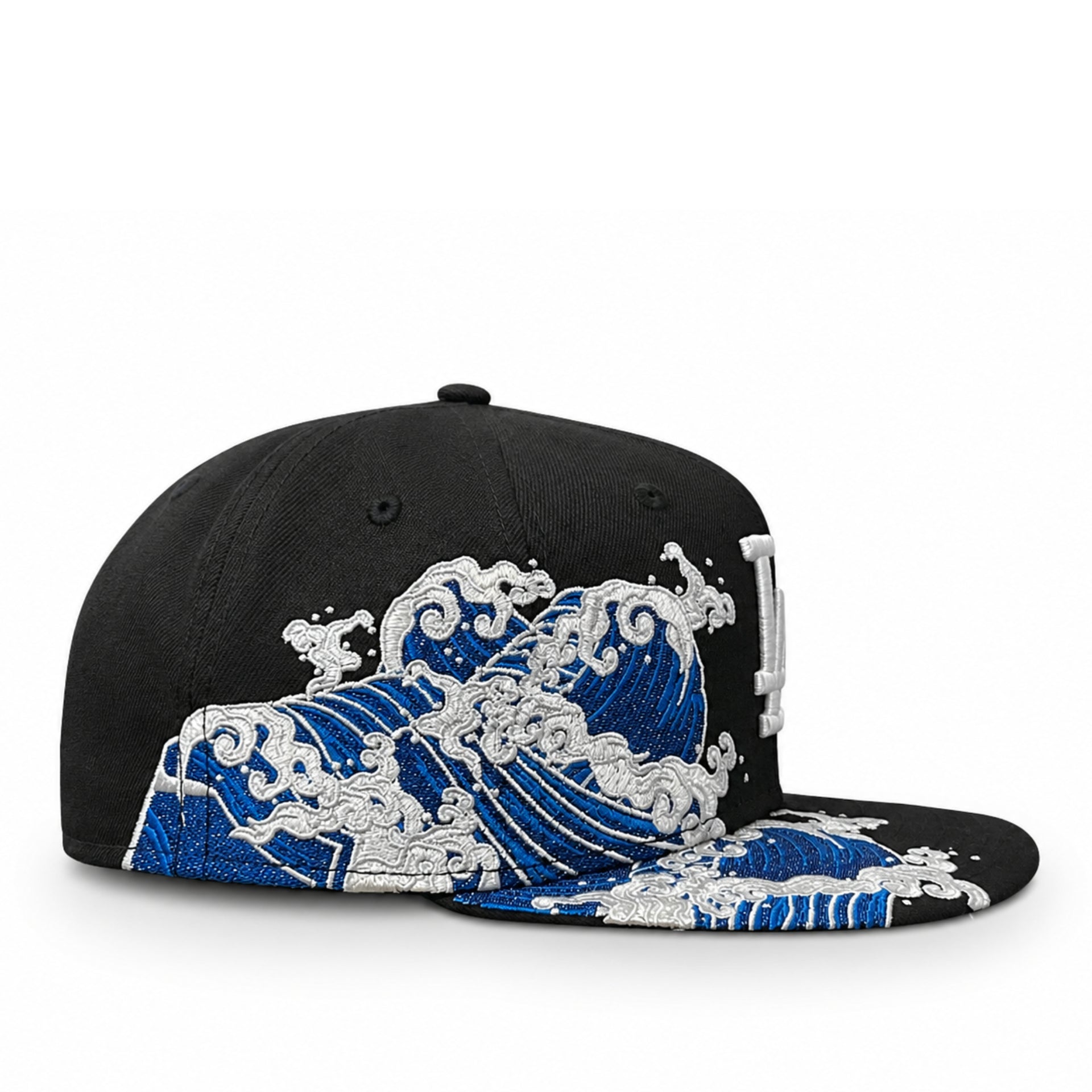 Black cap with blue and white wave design on a white background