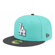 New Era Los Angeles Dodgers Turquoise/Charcoal 59FIFTY Fitted Hat front angled view