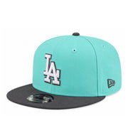 New Era Los Angeles Dodgers Turquoise/Charcoal 9FIFTY Snapback Hat front angled view