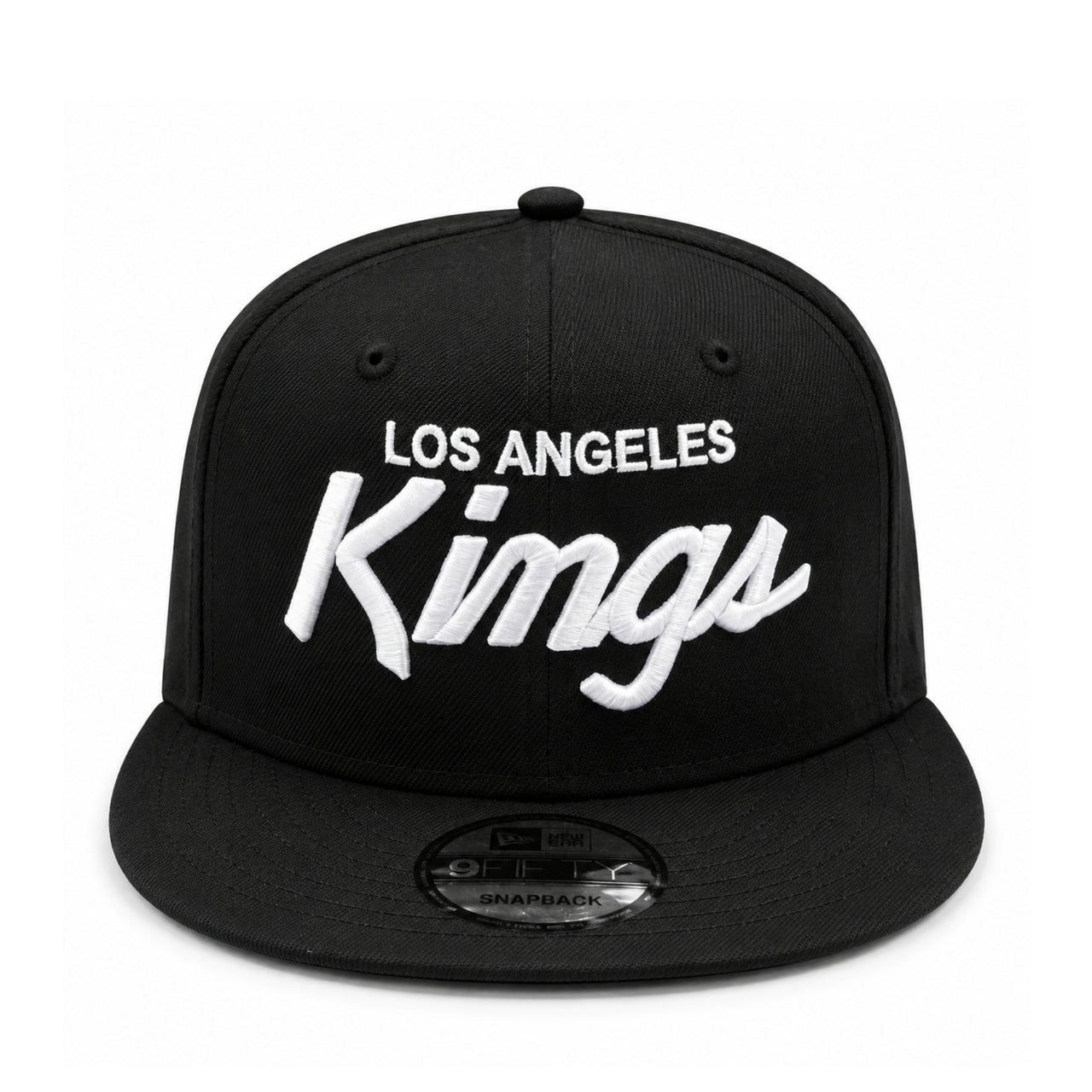 New Era Los Angeles Kings Script Logo Black 9FIFTY Snapback Hat front view