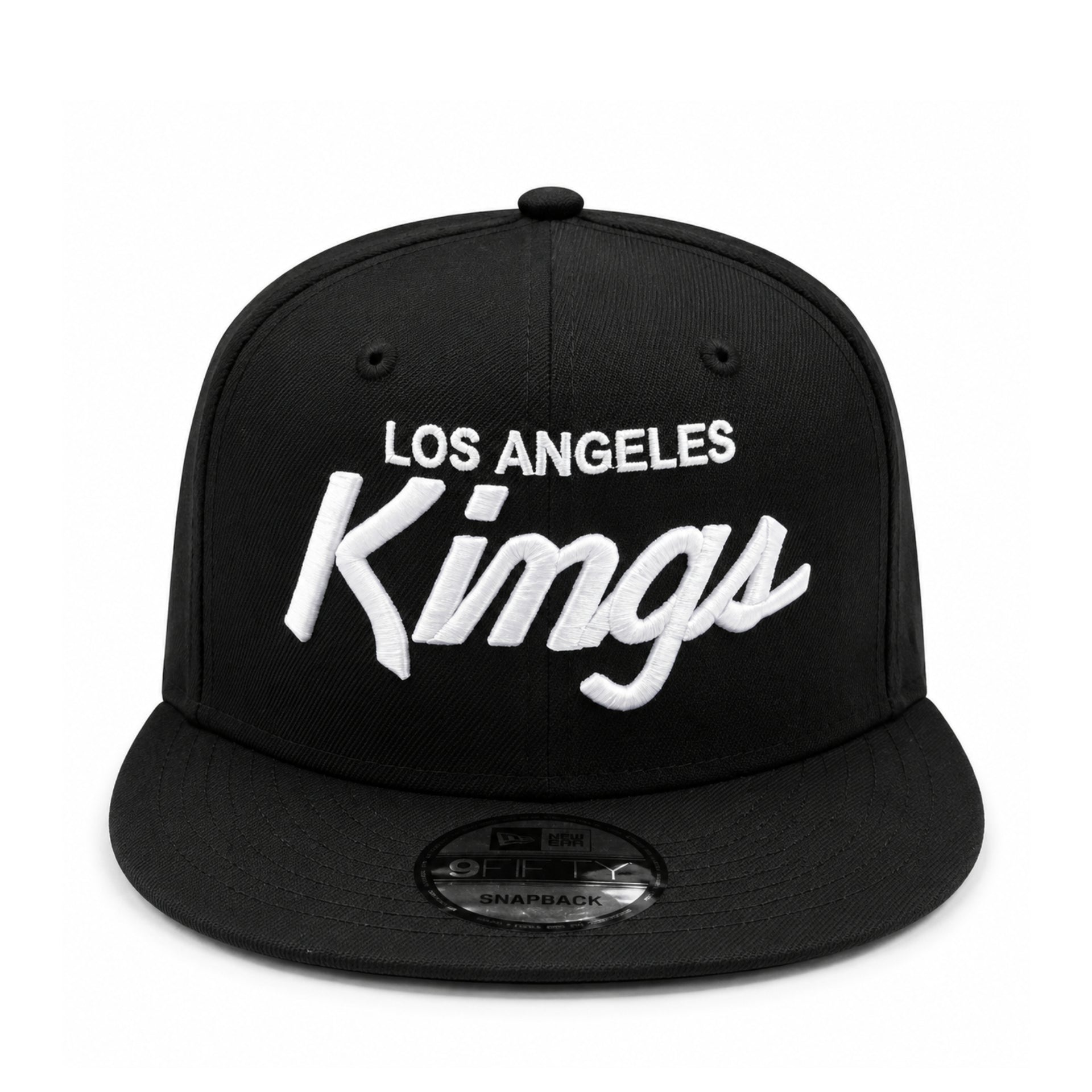 New Era Los Angeles Kings Script Logo Black 9FIFTY Snapback Hat front view