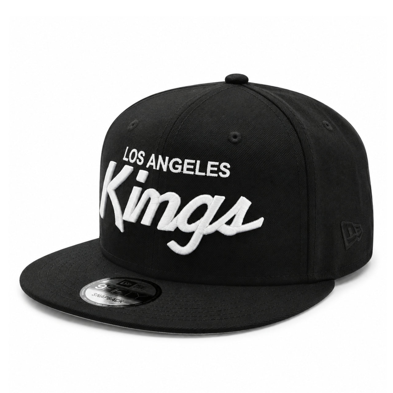New Era Los Angeles Kings Script Logo Black 9FIFTY Snapback Hat front angle view