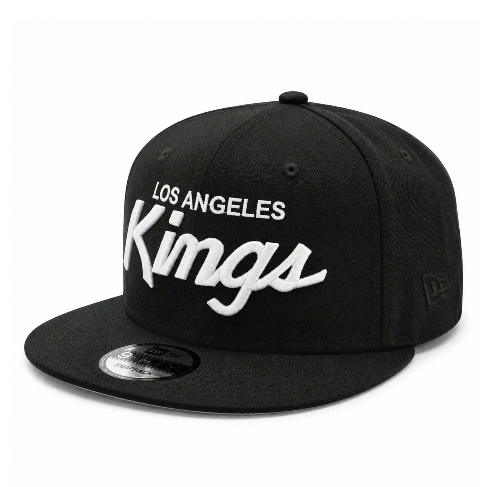 New Era Los Angeles Kings Script Logo Black 9FIFTY Snapback Hat front angle view