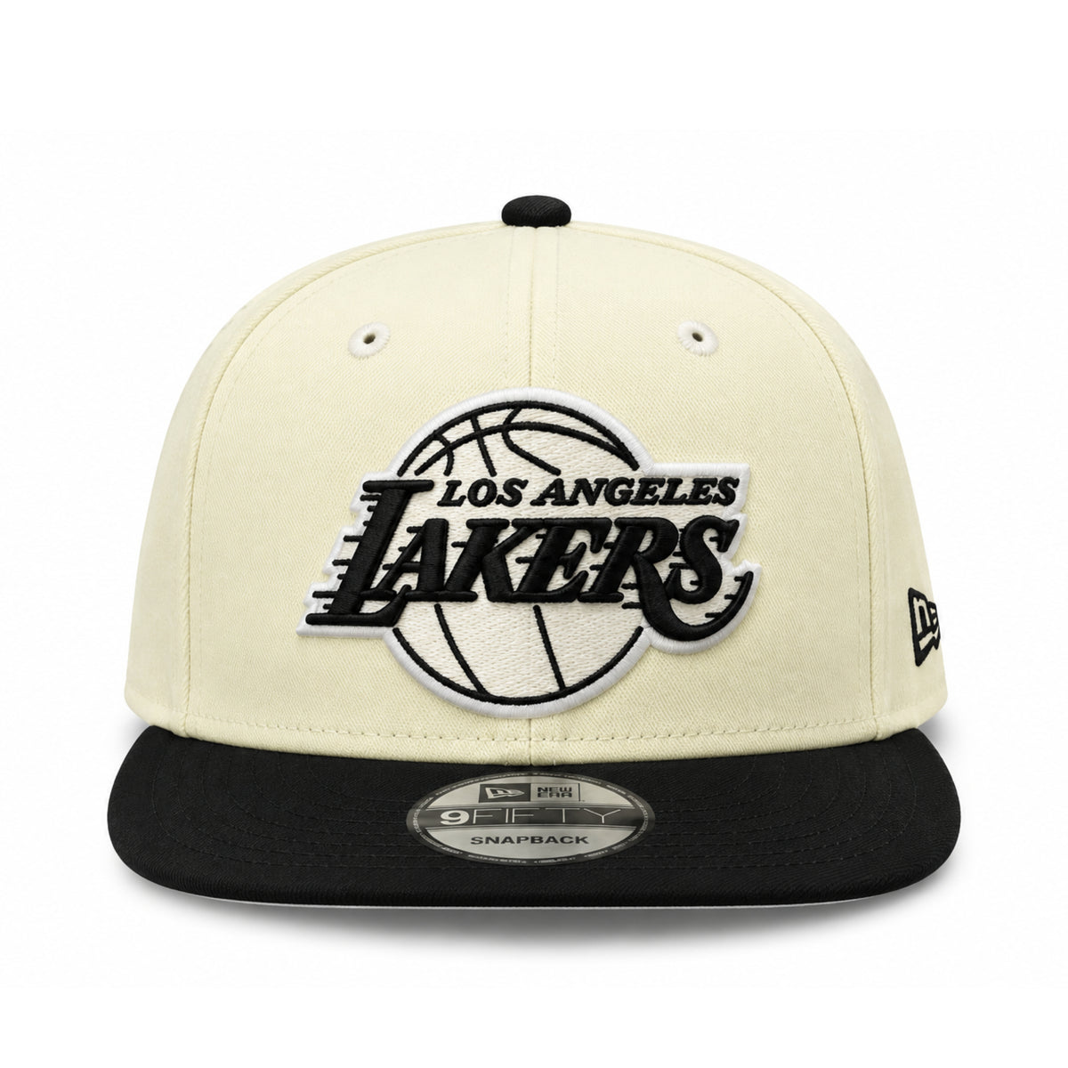 Front view of New Era Los Angeles Lakers 9FIFTY Chrome Black cotton snapback with raised black and white Lakers basketball logo