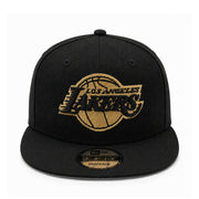New Era Los Angeles Lakers Gold Metallic Black 9FIFTY Snapback Hat front view