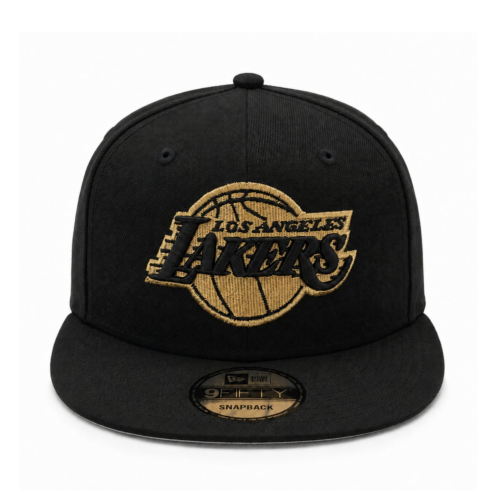 New Era Los Angeles Lakers Gold Metallic Black 9FIFTY Snapback Hat front view