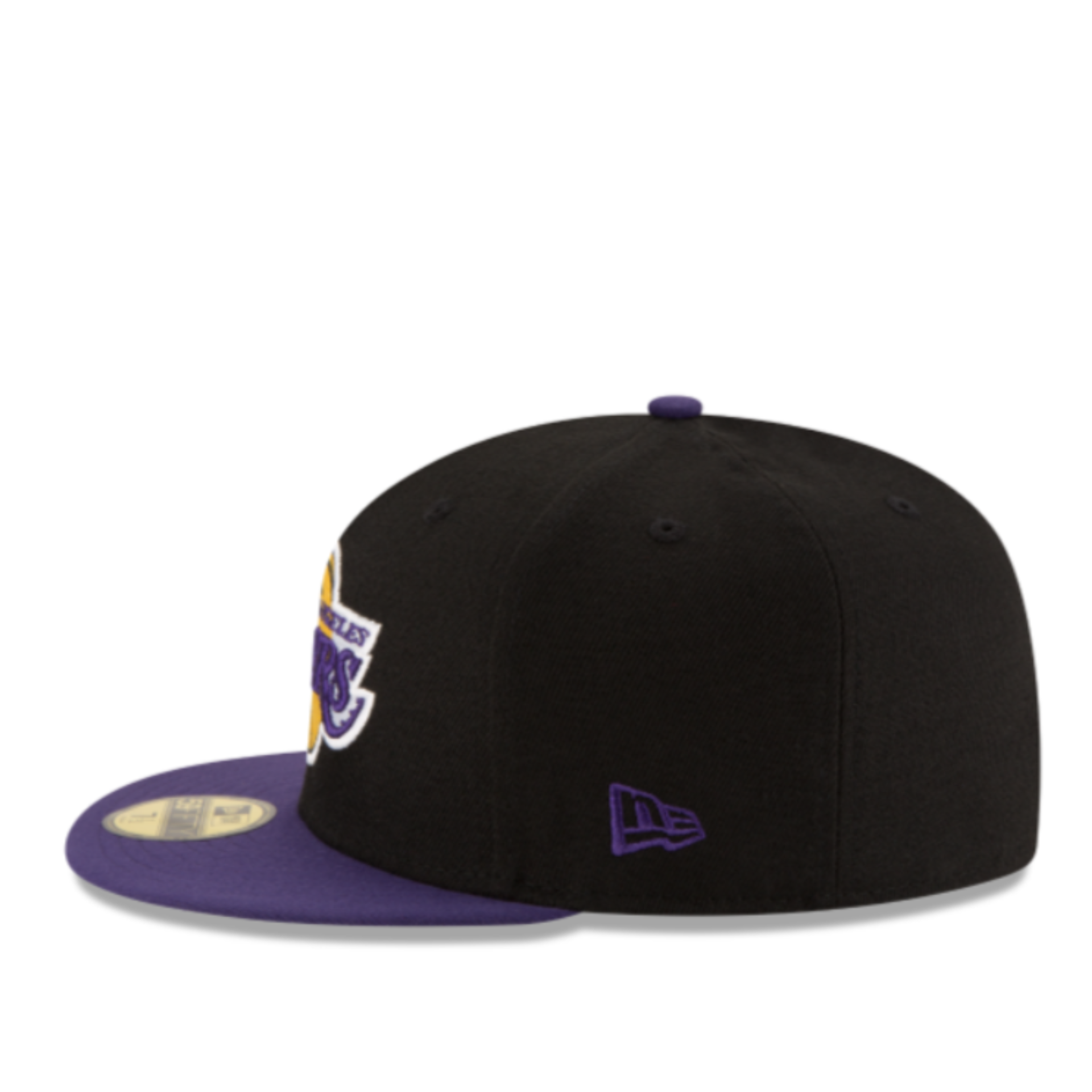 left Side View of New Era Los Angeles Lakers Black Purple 2 Tone 59Fifty Fitted Hat