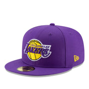 New Era Los Angeles Lakers Team Color Purple 59FIFTY Fitted Hat front angle view