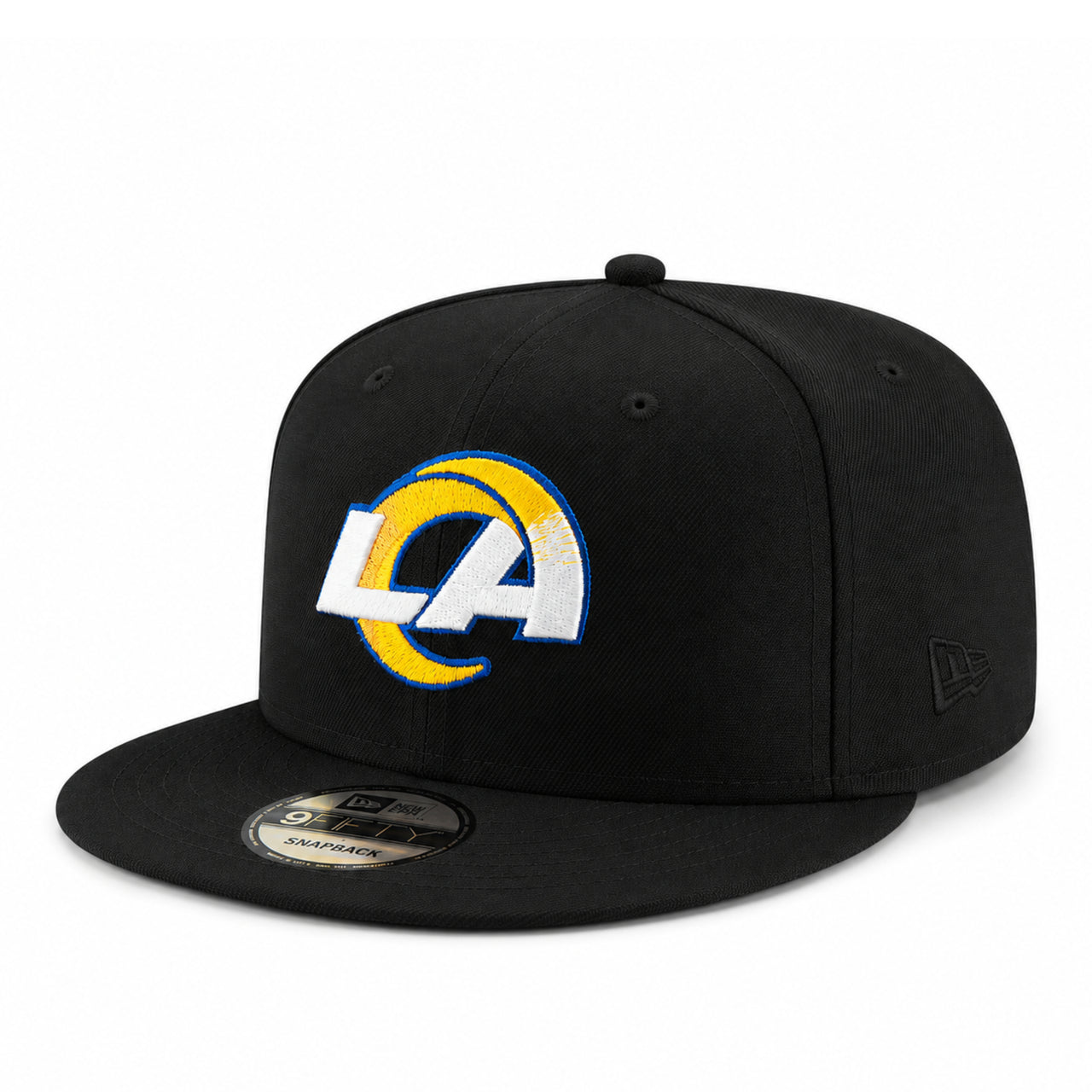 New Era Los Angeles Rams 9FIFTY black snapback hat with embroidered Rams logo and flat visor front left view