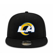 New Era Los Angeles Rams 9FIFTY black snapback hat with embroidered Rams logo and flat visor front view