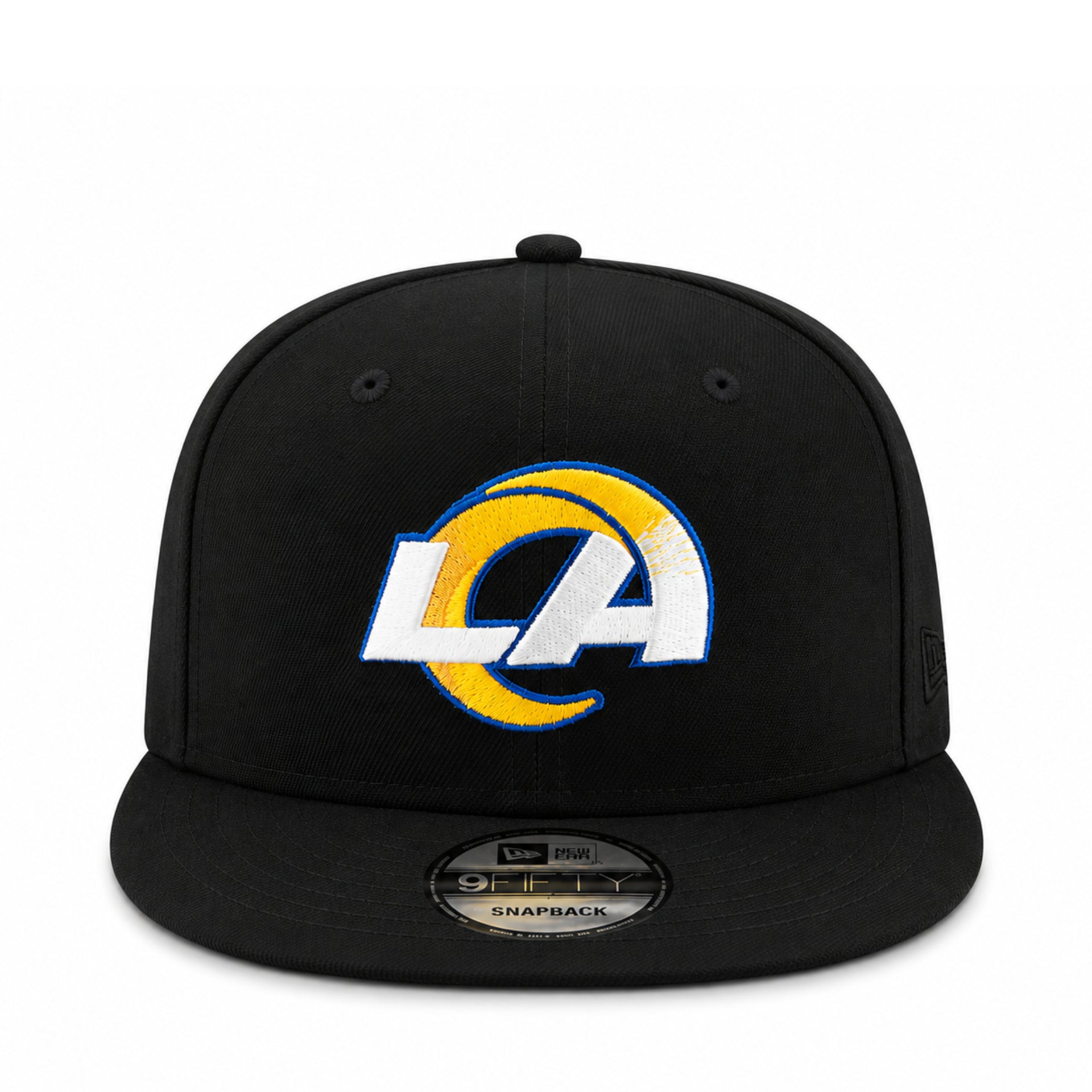 New Era Los Angeles Rams 9FIFTY black snapback hat with embroidered Rams logo and flat visor front view