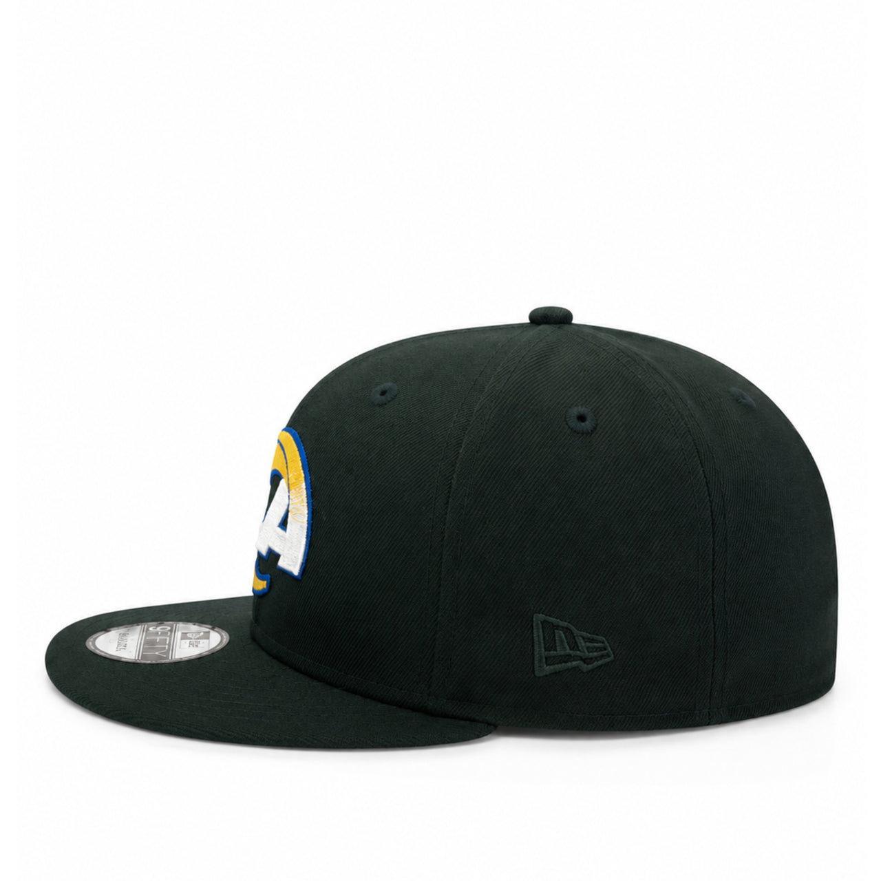 New Era Los Angeles Rams 9FIFTY black snapback hat with embroidered Rams logo and flat visor side view