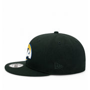 New Era Los Angeles Rams 9FIFTY black snapback hat with embroidered Rams logo and flat visor side view